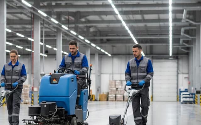 Tres operaris amb armilla netejant el terra d’una nau industrial amb fregadores