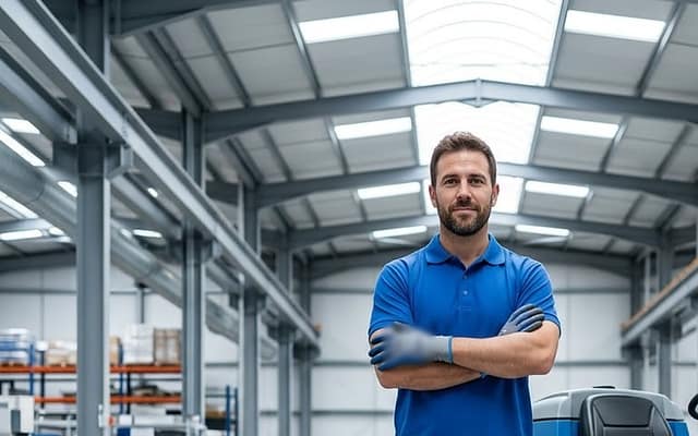Operari amb polo blau i guants, de braços plegats, al costat d’una fregadora en una nau industrial