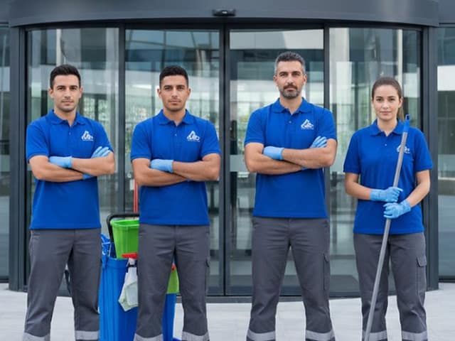 Quatre persones amb polo blau i guants davant de l’entrada d’un edifici d’oficines, amb un carro de neteja