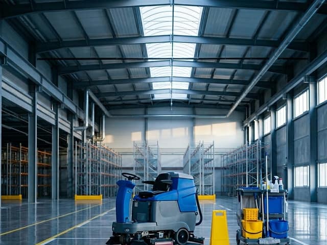 Nau industrial nova amb el terra net, una fregadora i el carro de neteja a punt
