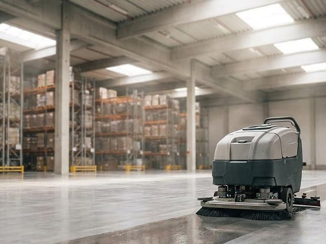 Fregadora industrial deixant el terra brillant en un magatzem amb prestatgeries