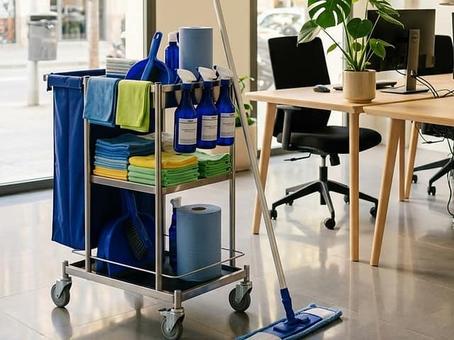Carro de neteja amb productes, baietes i fregona en una oficina lluminosa
