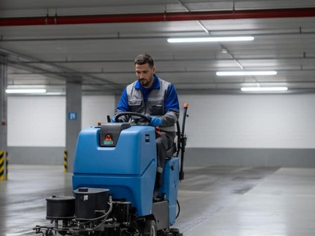 Operari conduint una fregadora industrial en un pàrquing soterrani