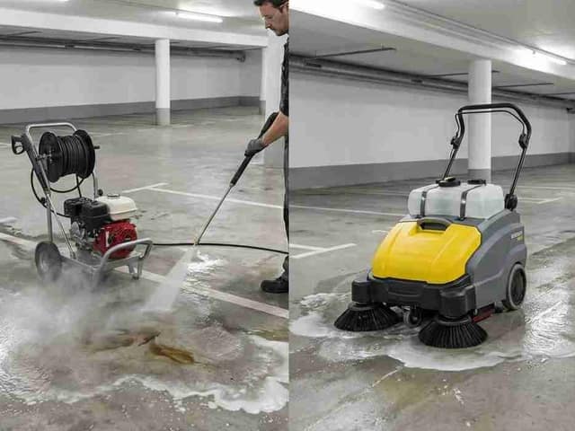Neteja d’un pàrquing amb aigua a pressió i amb una escombradora mecànica