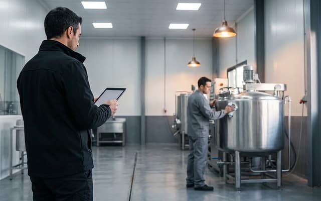 Supervisor amb una tauleta comprovant la feina mentre un operari neteja un dipòsit d’acer inoxidable